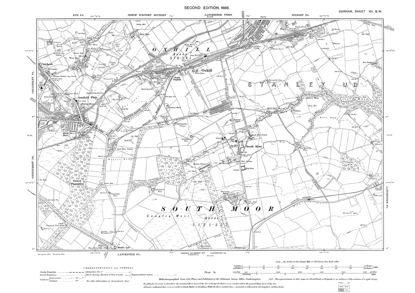 Old OS map dated 1898, showing Oxhill, Annfield Plain and South Moor in Durham - 12SW