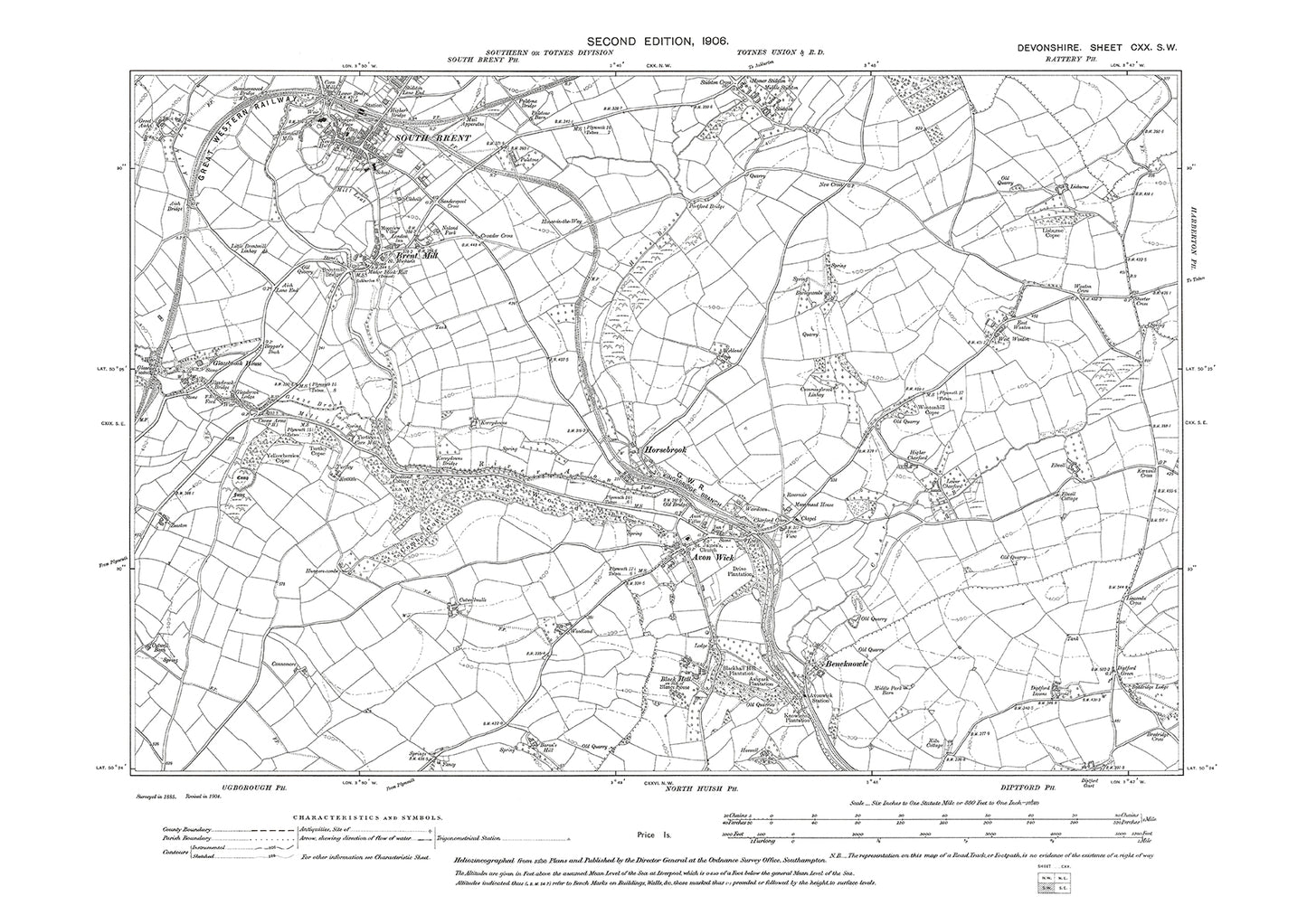 South Brent, Brent Mill, Beneknowle, Avon Wick  Old Map Devon 1907: 120SW