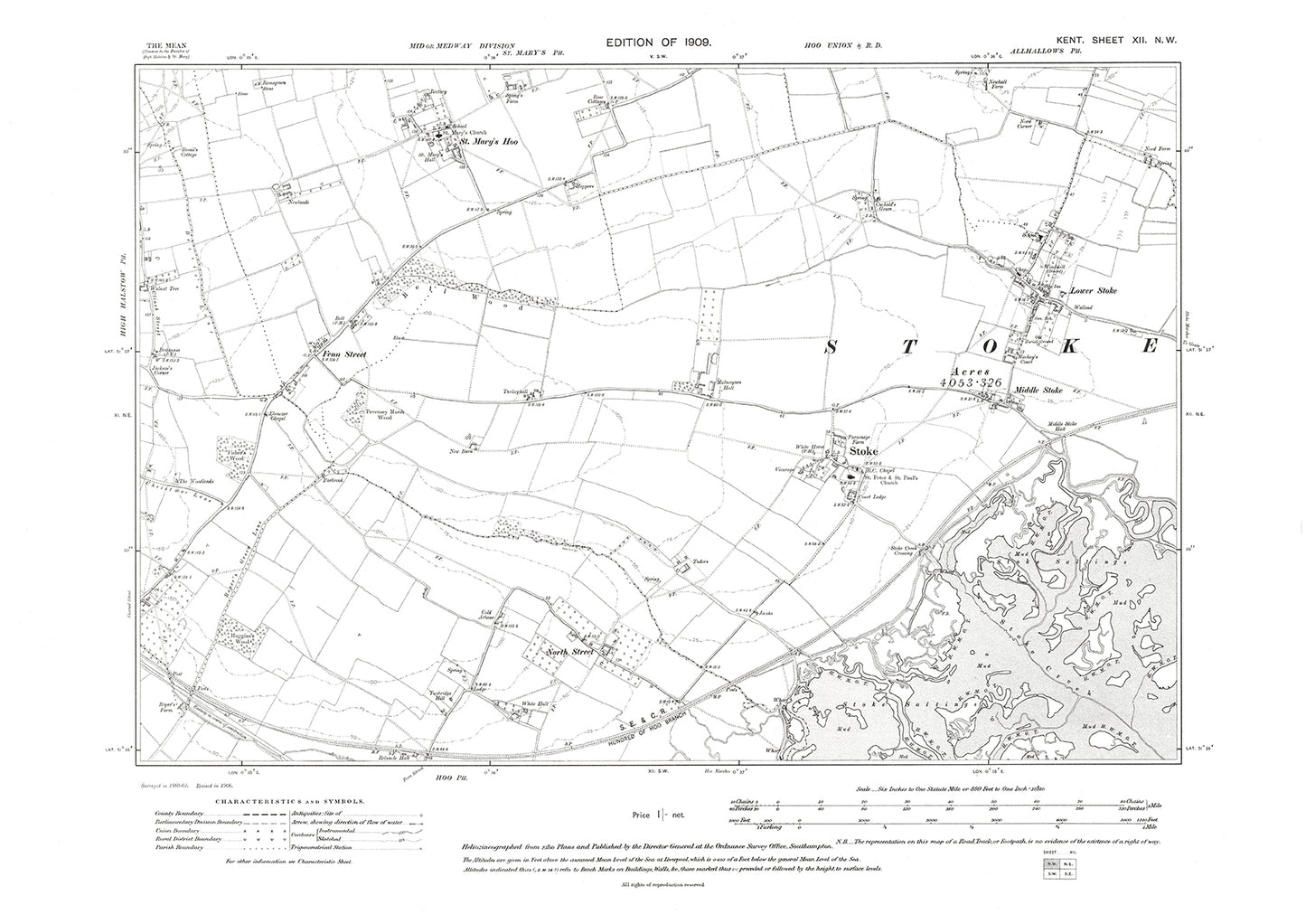 St Mary's Hoo, Stoke, Middle Stoke, Lower Stoke, old map Kent 1909: 12NW