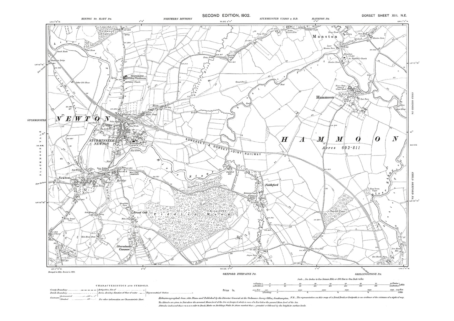 Old OS map dated 1902, showing Sturminster Newton, Fiddleford, Hammoon, Manston (south) in Dorset - 13NE