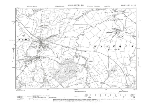 Old OS map dated 1902, showing Sturminster Newton, Fiddleford, Hammoon, Manston (south) in Dorset - 13NE