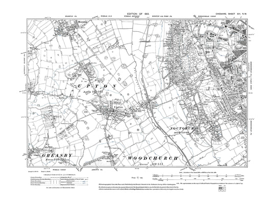 Old OS map dated 1913, showing Birkenhead (west), Claughton (west), Noctorum in Cheshire 13NW