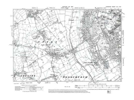 Old OS map dated 1913, showing Upton, Moreton (south), Greasby (east) in Cheshire 13NW