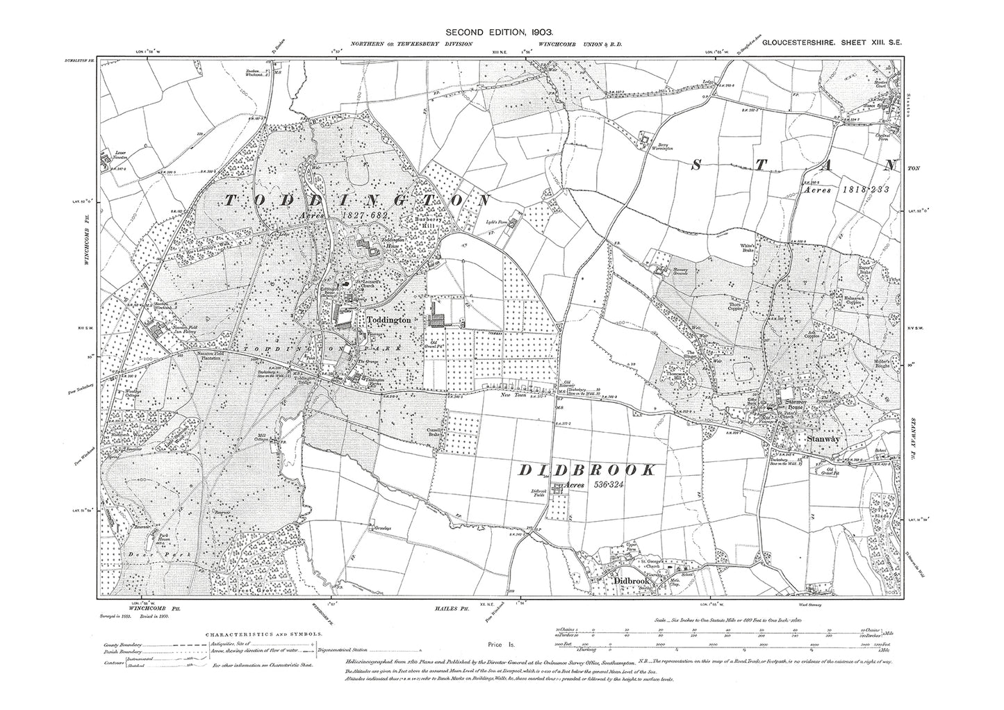 Old OS map dated 1903, showing Toddington, Stanway, Stanton (west) in Gloucestershire - 13SE
