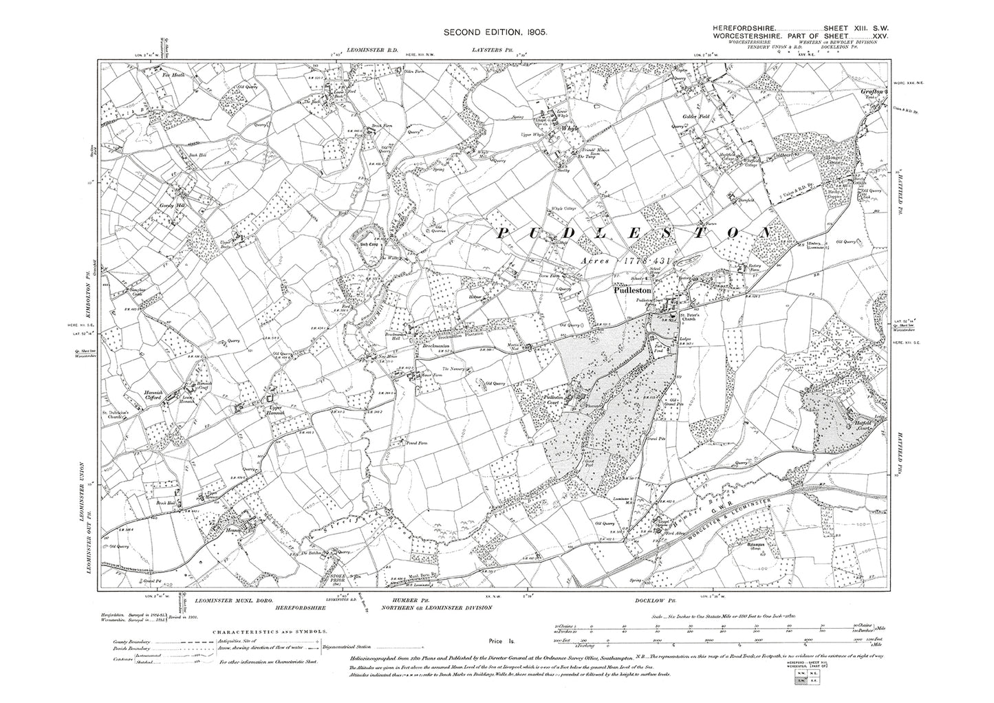 Old OS map dated 1905, showing Pudleston in Herefordshire - 13SW