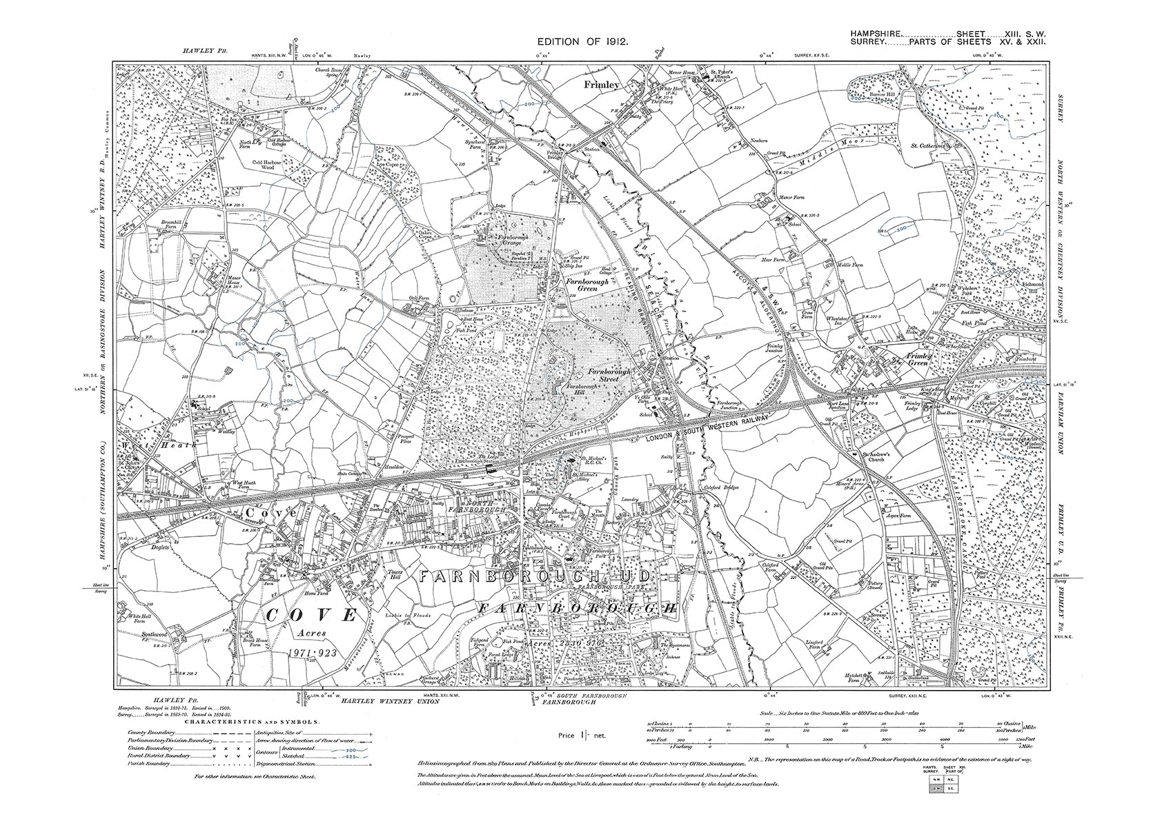 Old OS map dated 1912, showing Farnborough, Cove, Frimley in Hampshire ...