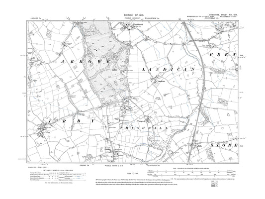 Old OS map dated 1913, showing Woodchurch, Landican, Thingwall, Irby in Cheshire 13SW