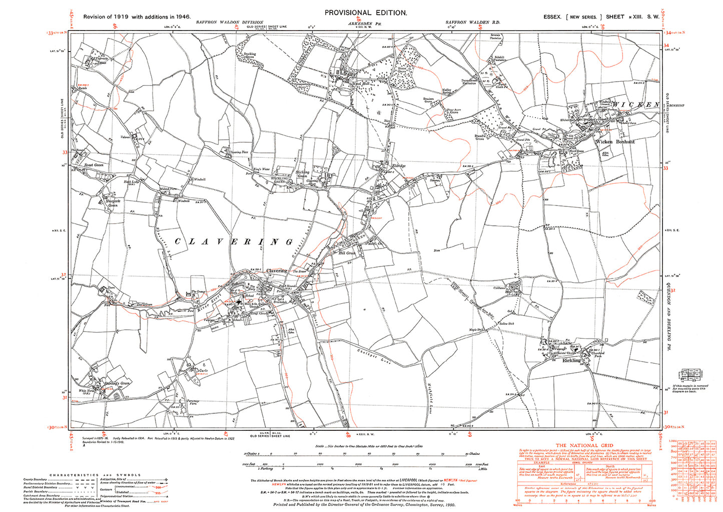 Old OS map dated 1946, showing Clavering, Wicken Bonhunt, Rickling and Stickling Green in Essex - 13SW