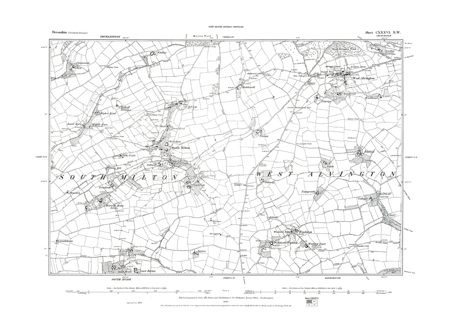 South Milton, West Alvington, Old Map Devon 1884: 136NW