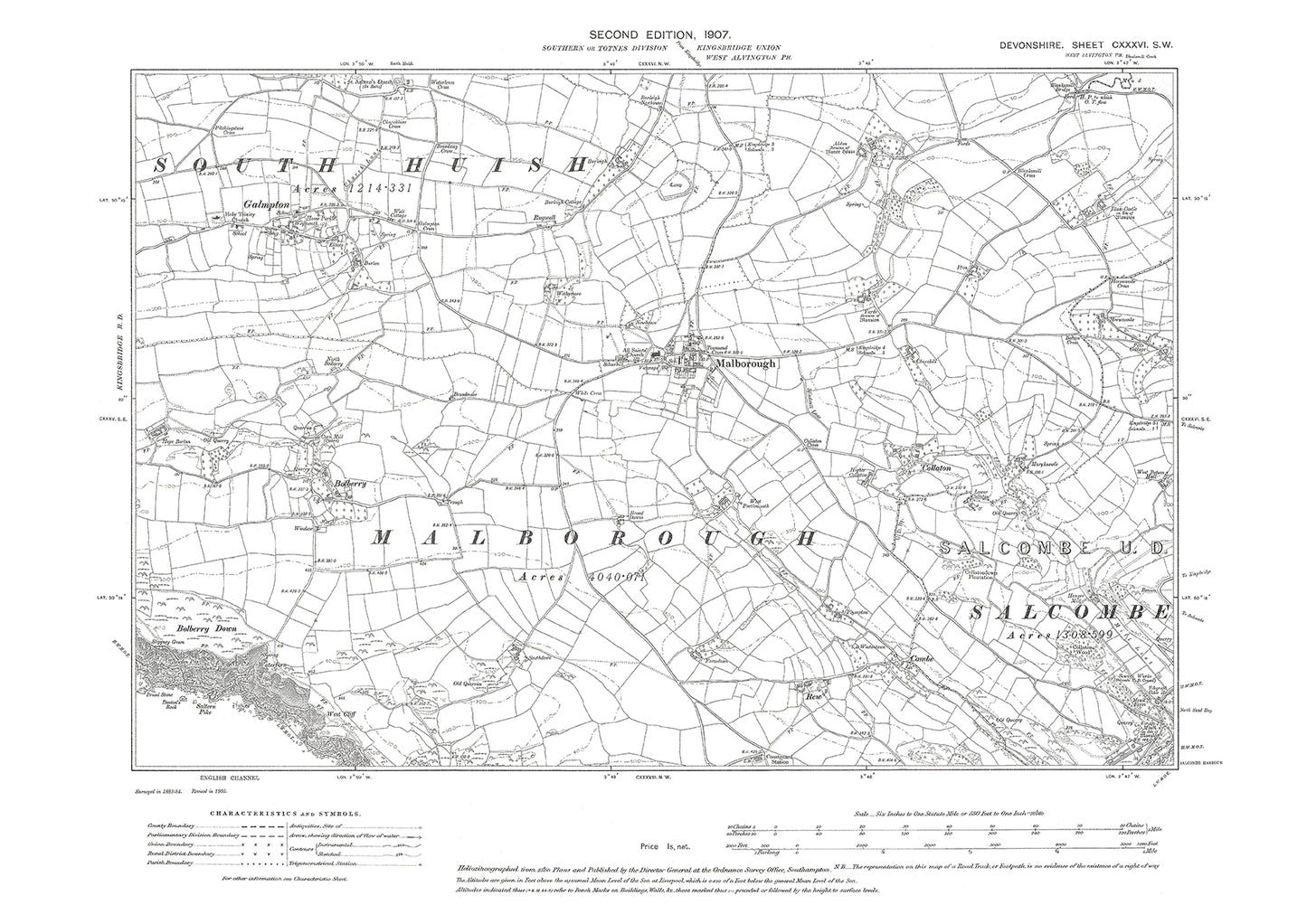 Malborough, Galmpton, Bolberry, Old Map Devon 1907: 136SW