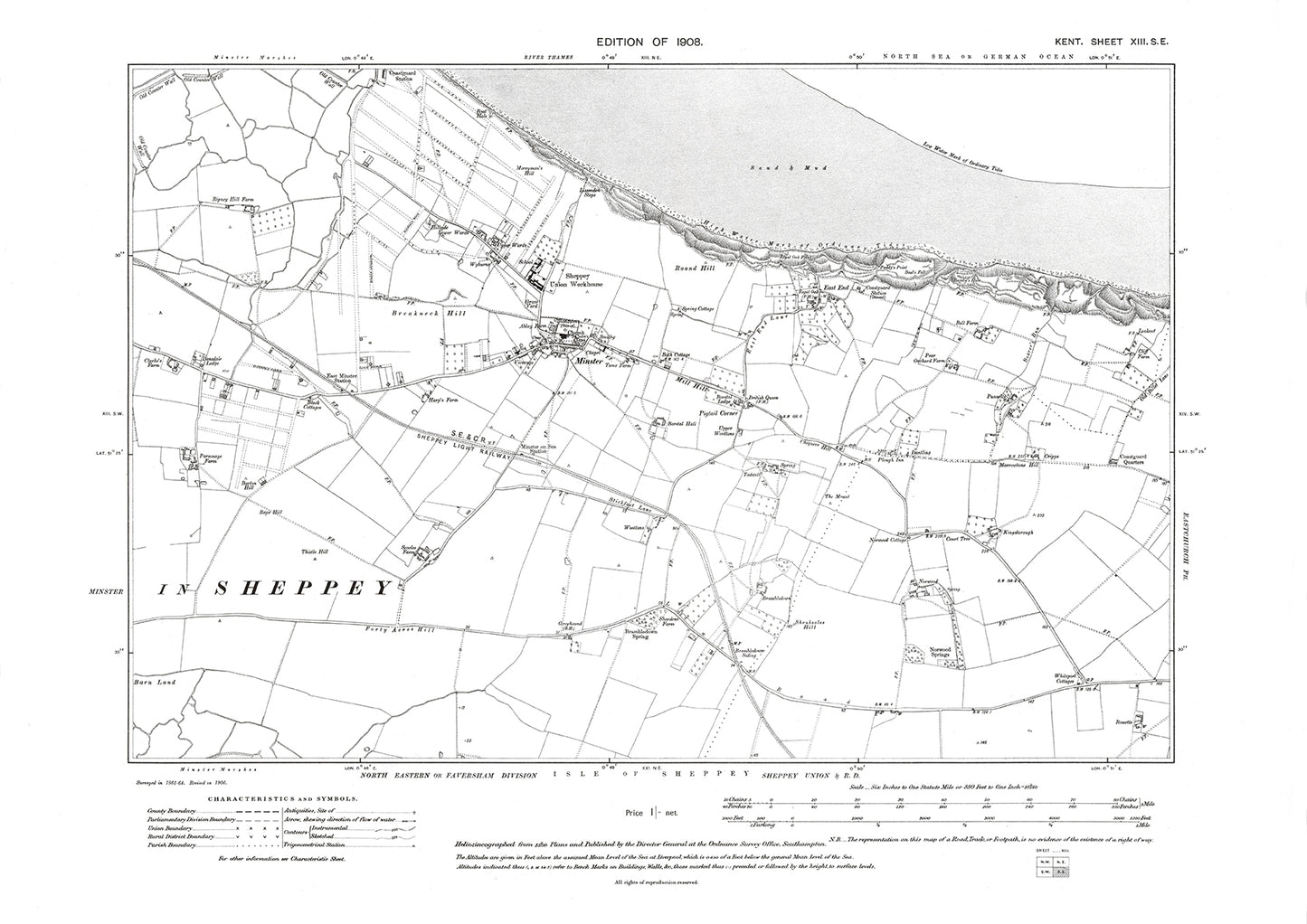 Minster, old map Kent 1908: 13SE