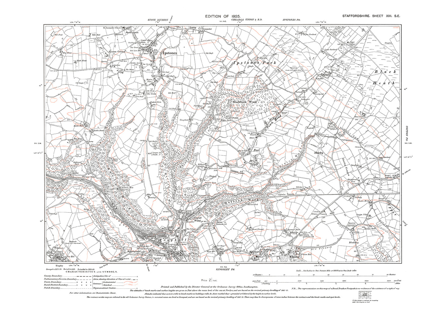 Ipstones, Froghall, Foxt, Whiston, old map Staffs 1925: 13SE