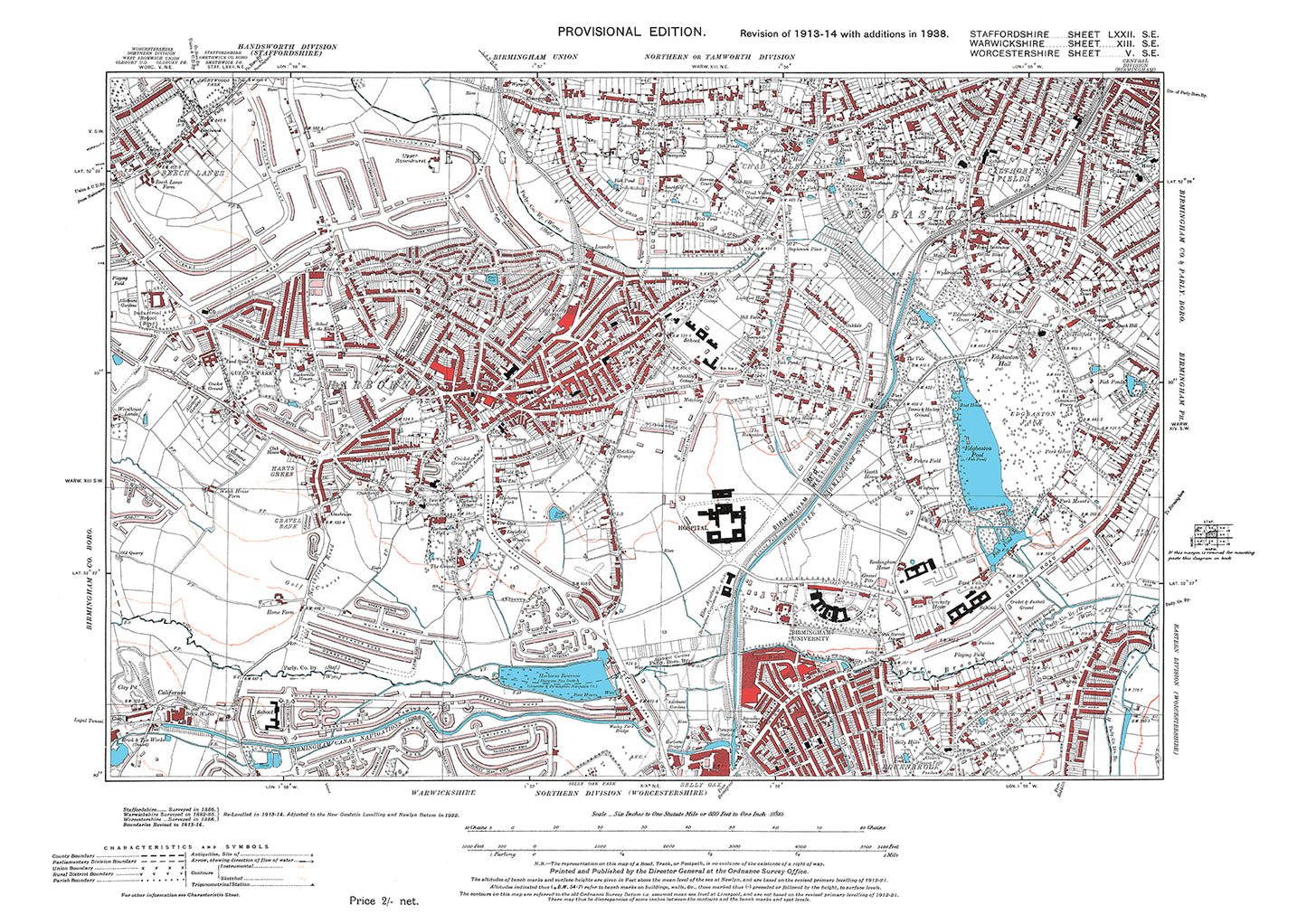 Birmingham, Edgbaston, Chad Valley, University, Harborne, old map Warwickshire 1938: 13SE