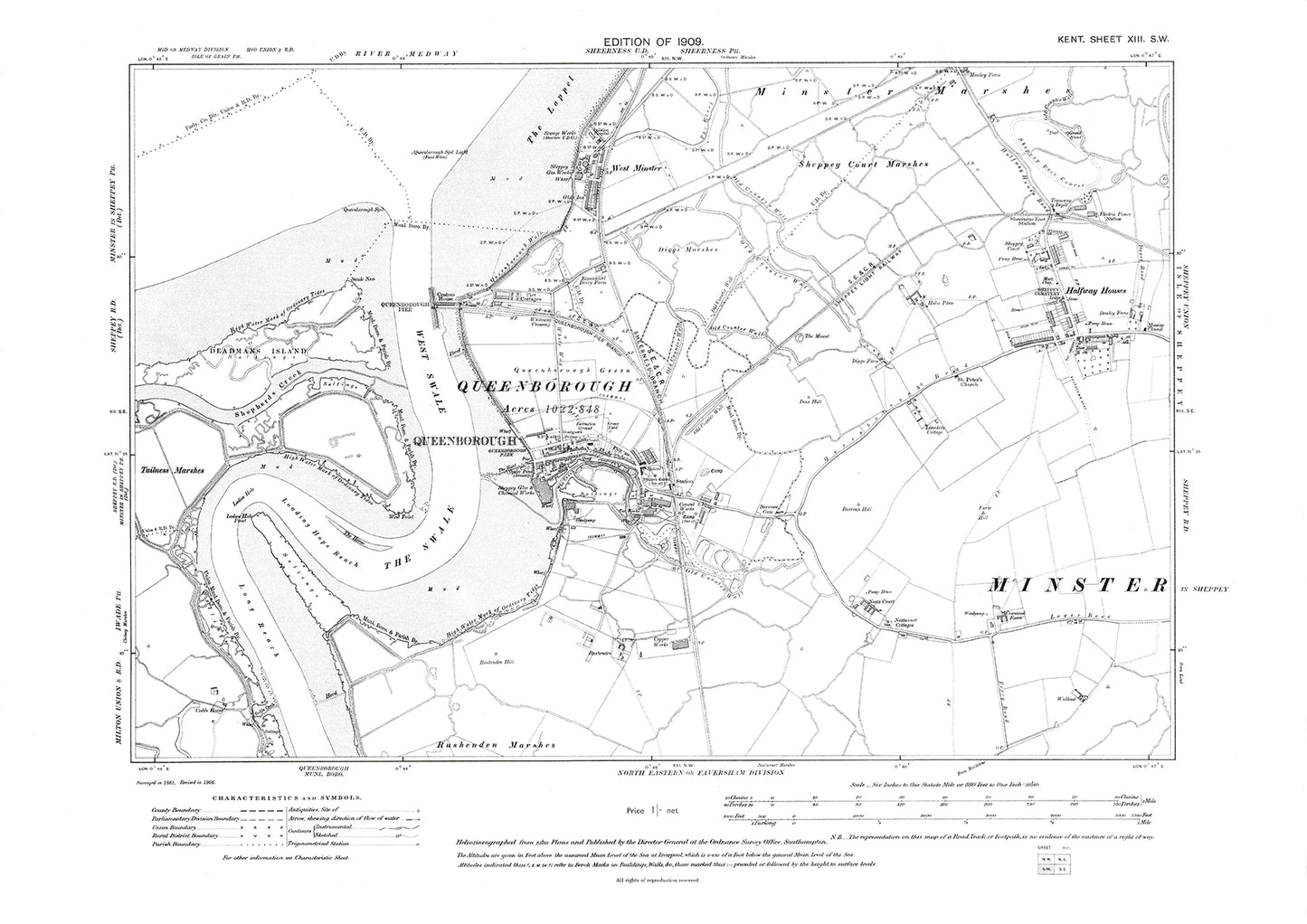 Queenborough, old map Kent 1909: 13SW