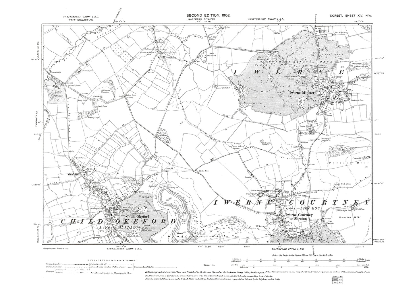 Old OS map dated 1902, showing Childe Okeford, Iwerne Courtney, Iwerne Minster in Dorset - 14NW