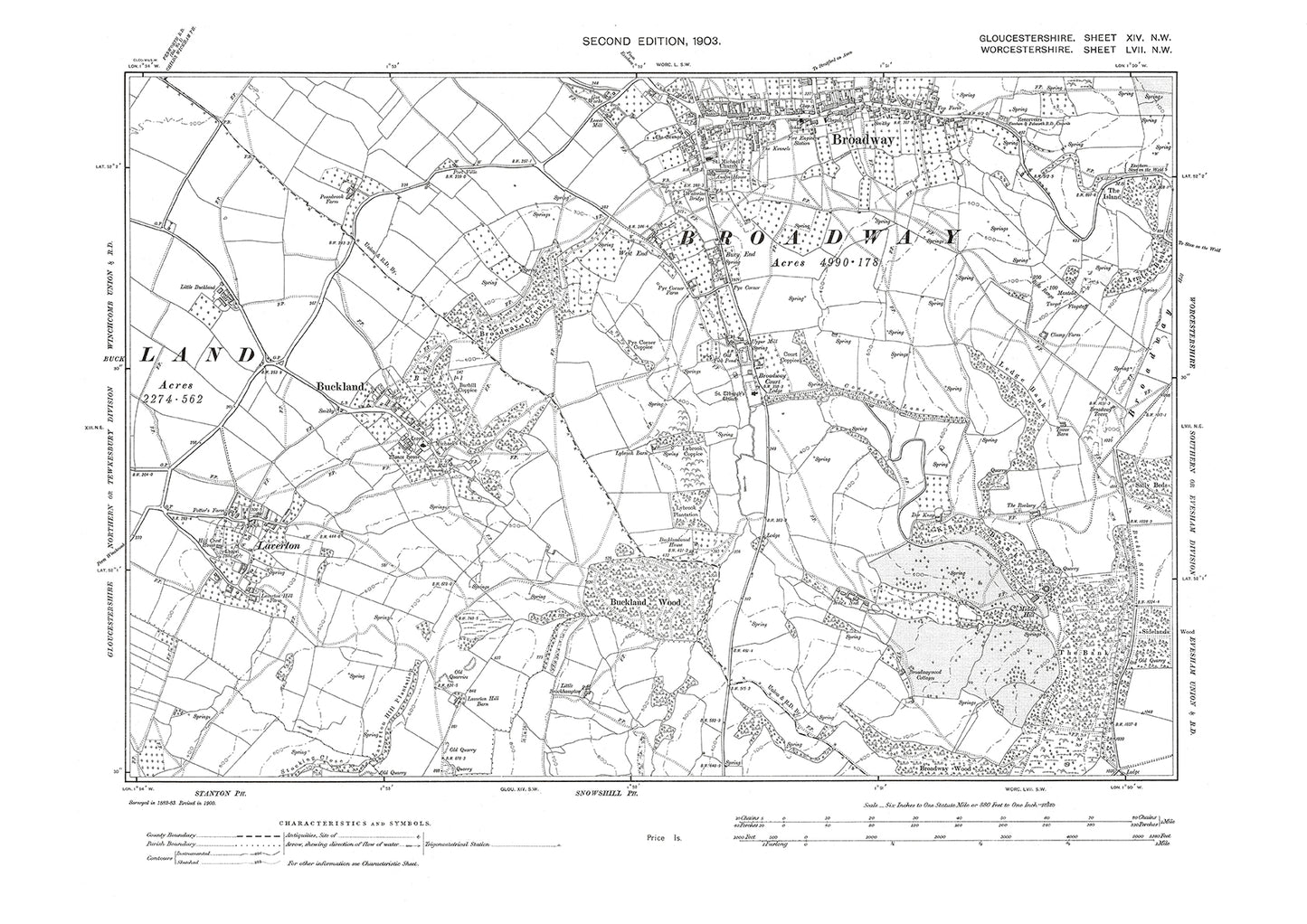 Old OS map dated 1903, showing Buckland, Laverton in Gloucestershire - 14NW