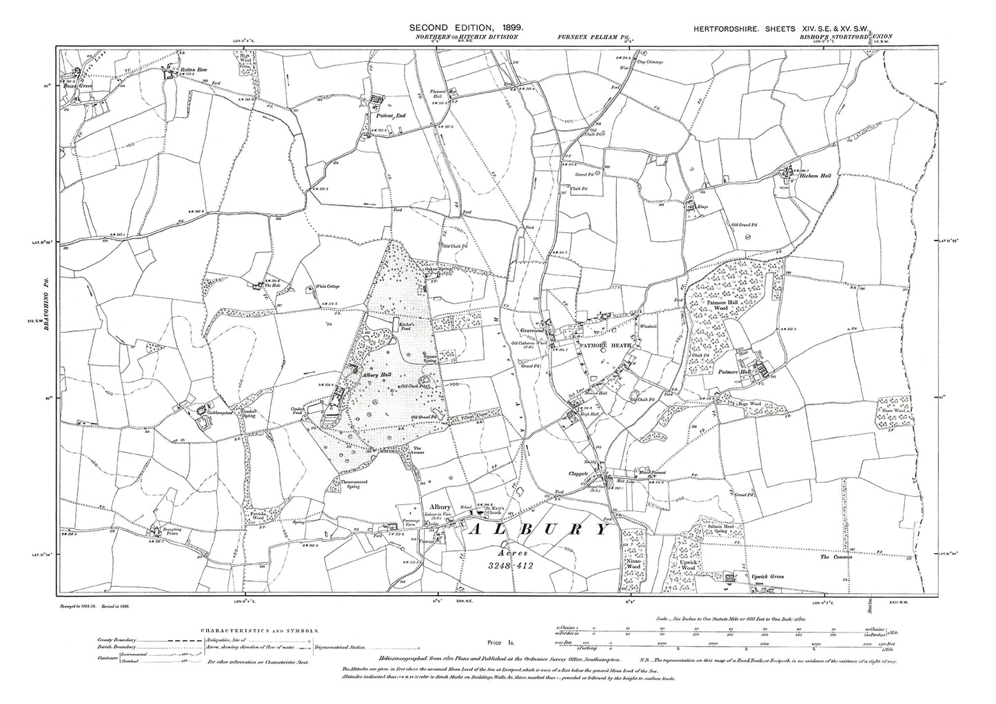 Old OS map dated 1899, showing Albury in Hertfordshire - 14SE-15SW