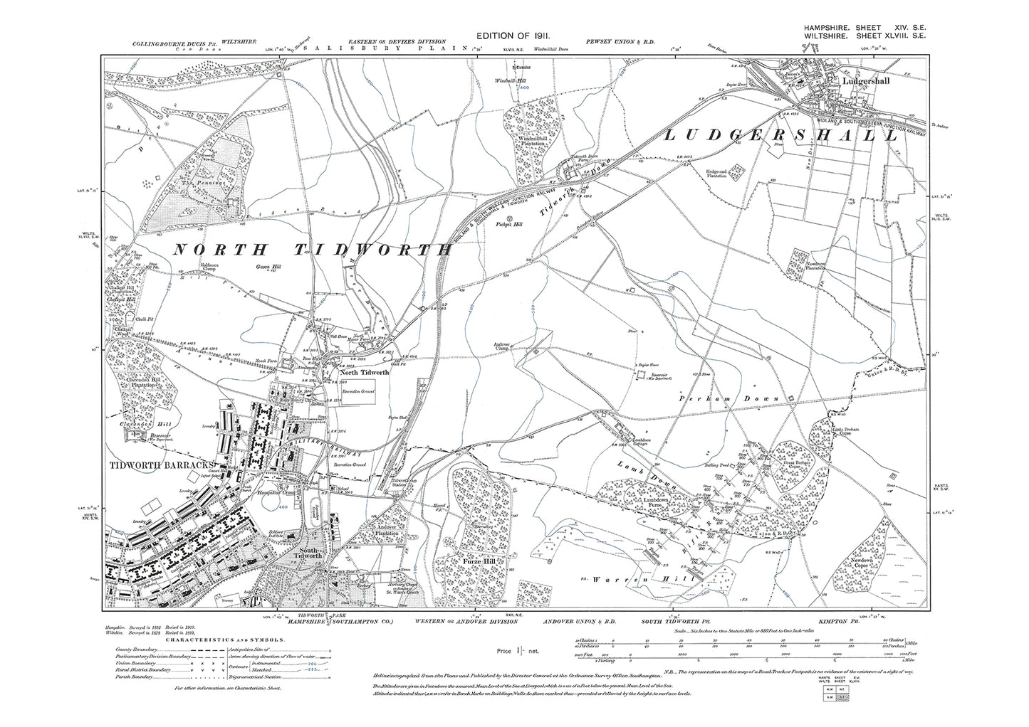 Old OS map dated 1911, showing Ludgershall, Tidworth Barracks in Hampshire - 14SE