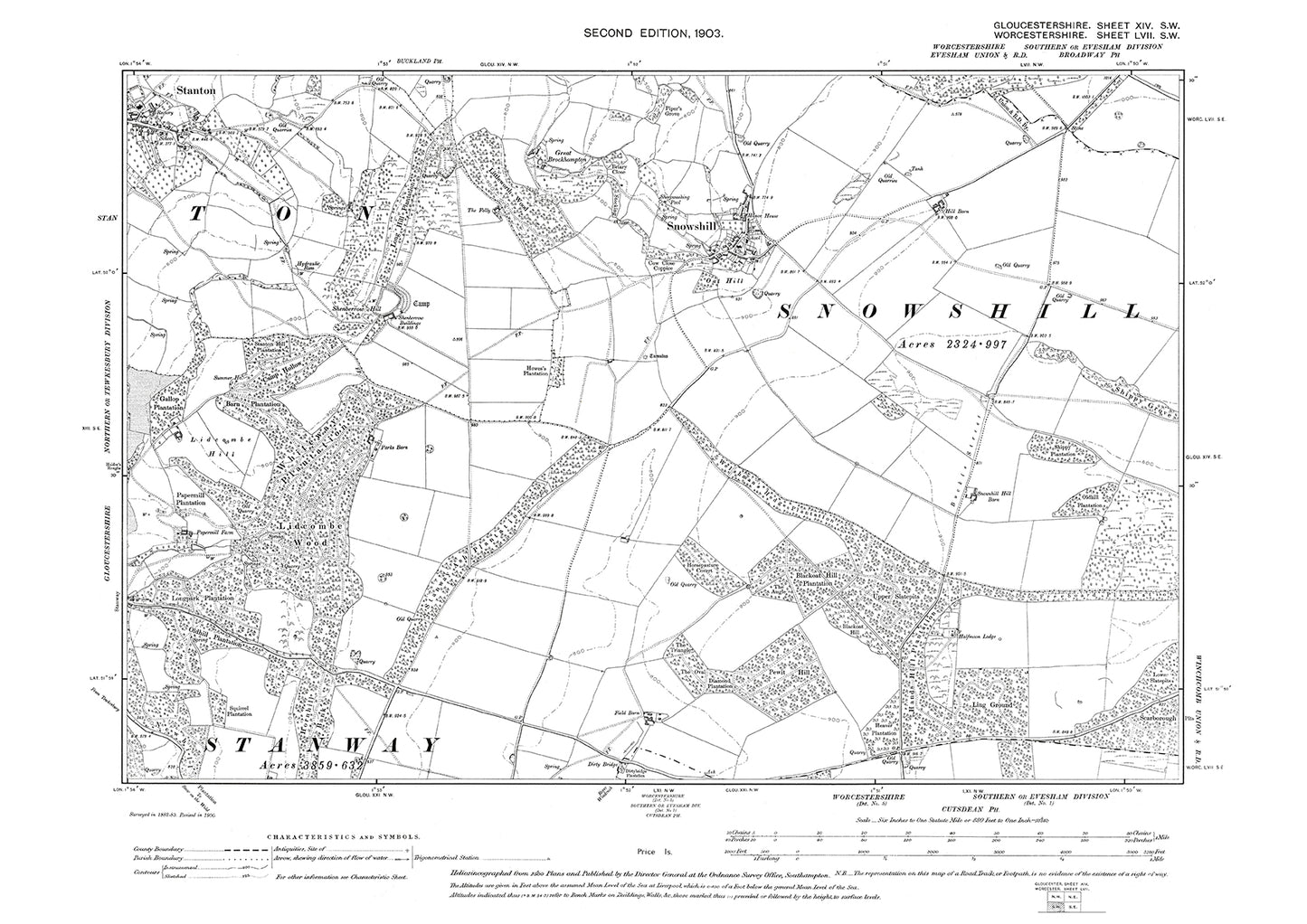 Old OS map dated 1903, showing Stanton (east), Snowshill in Gloucestershire - 14SW