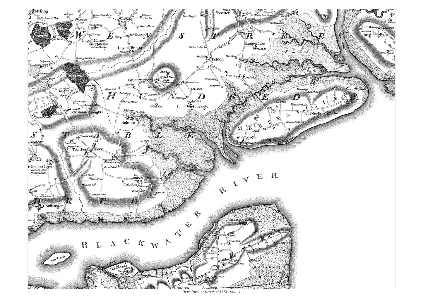 Bradwell, West Mersea, Brightlingsea, Toleshunt Darcy, old map Essex 1777