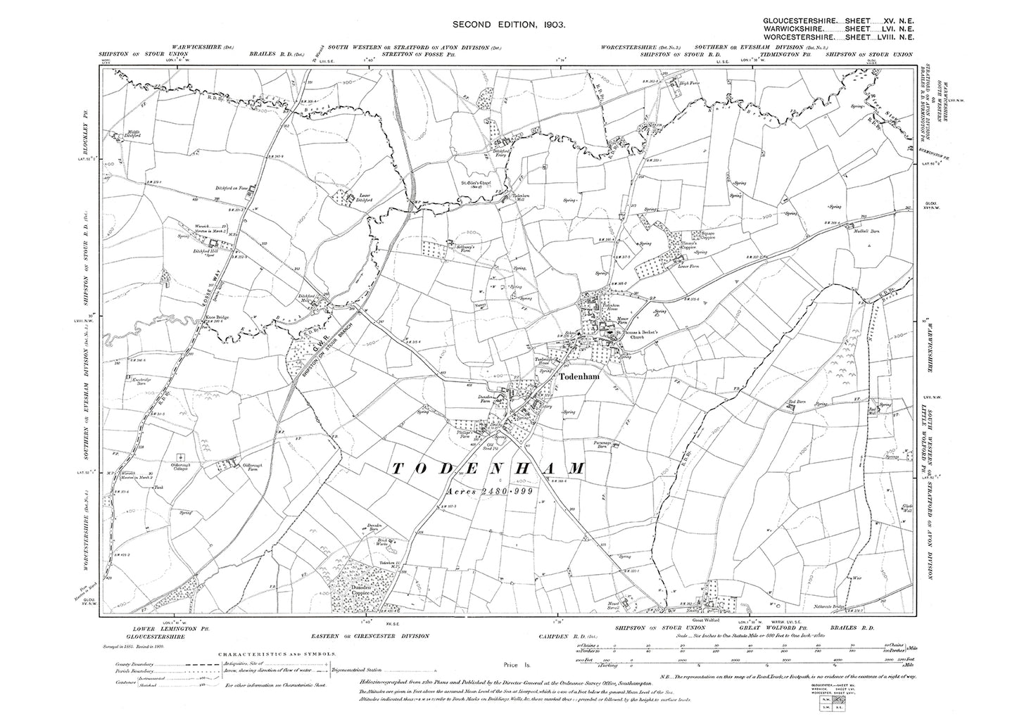 Old OS map dated 1903, showing Todenham in Gloucestershire - 15NE