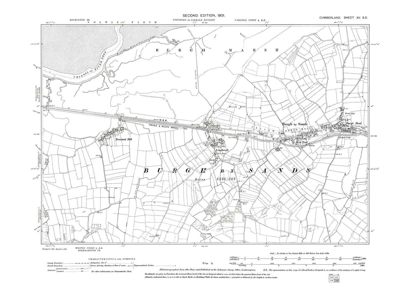 Old OS map dated 1901, showing Burgh by Sands, Burgh Head, Longburgh in Cumberland - 15SE