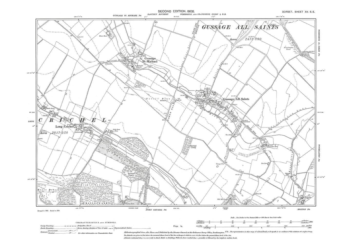 Old OS map dated 1902, showing Gussage All Saints, Gussage St Michael, Long Crichel in Dorset - 15SE