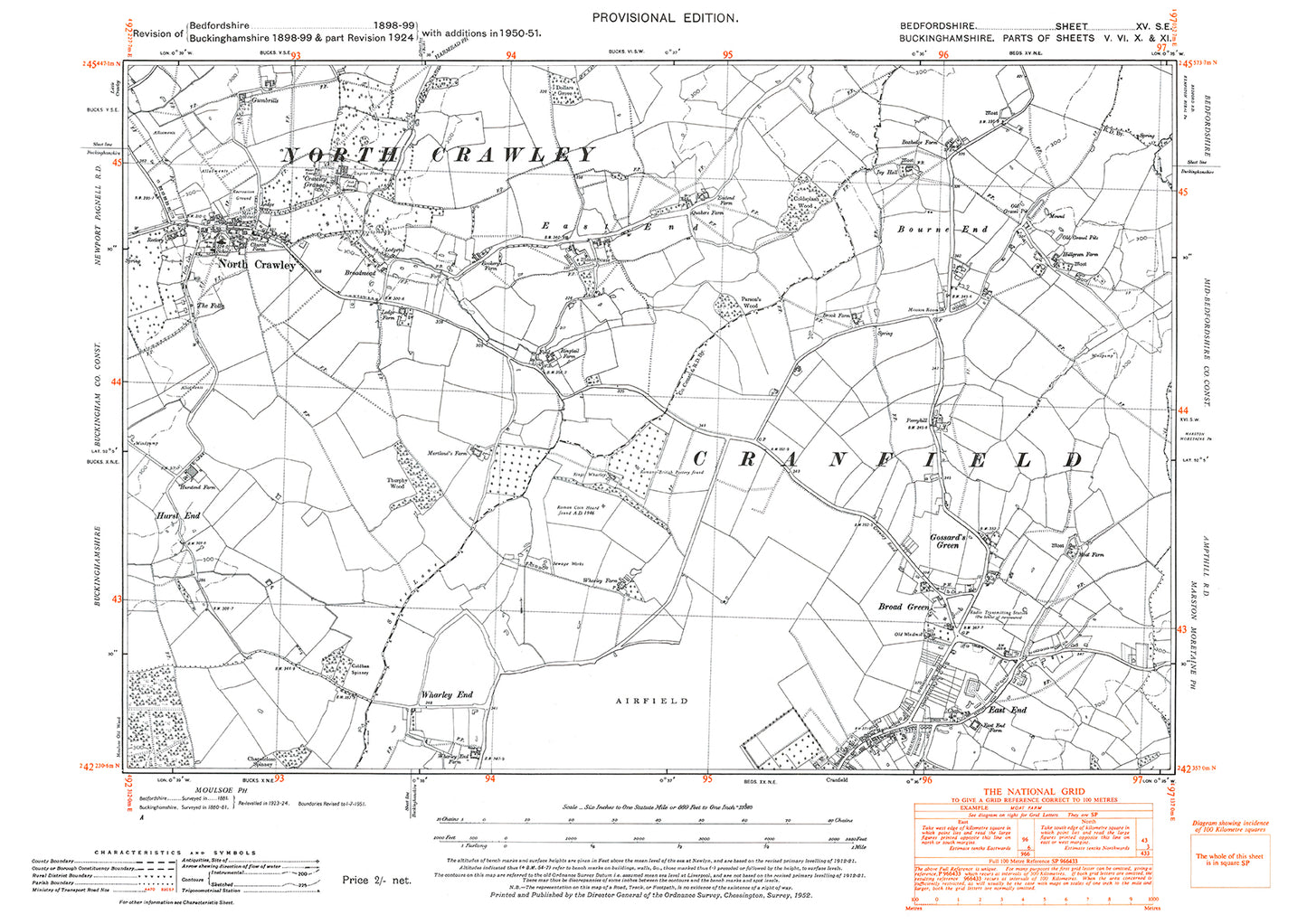 Cranfield (north), Bourne End, old map Bedfordshire 1951: 15SE