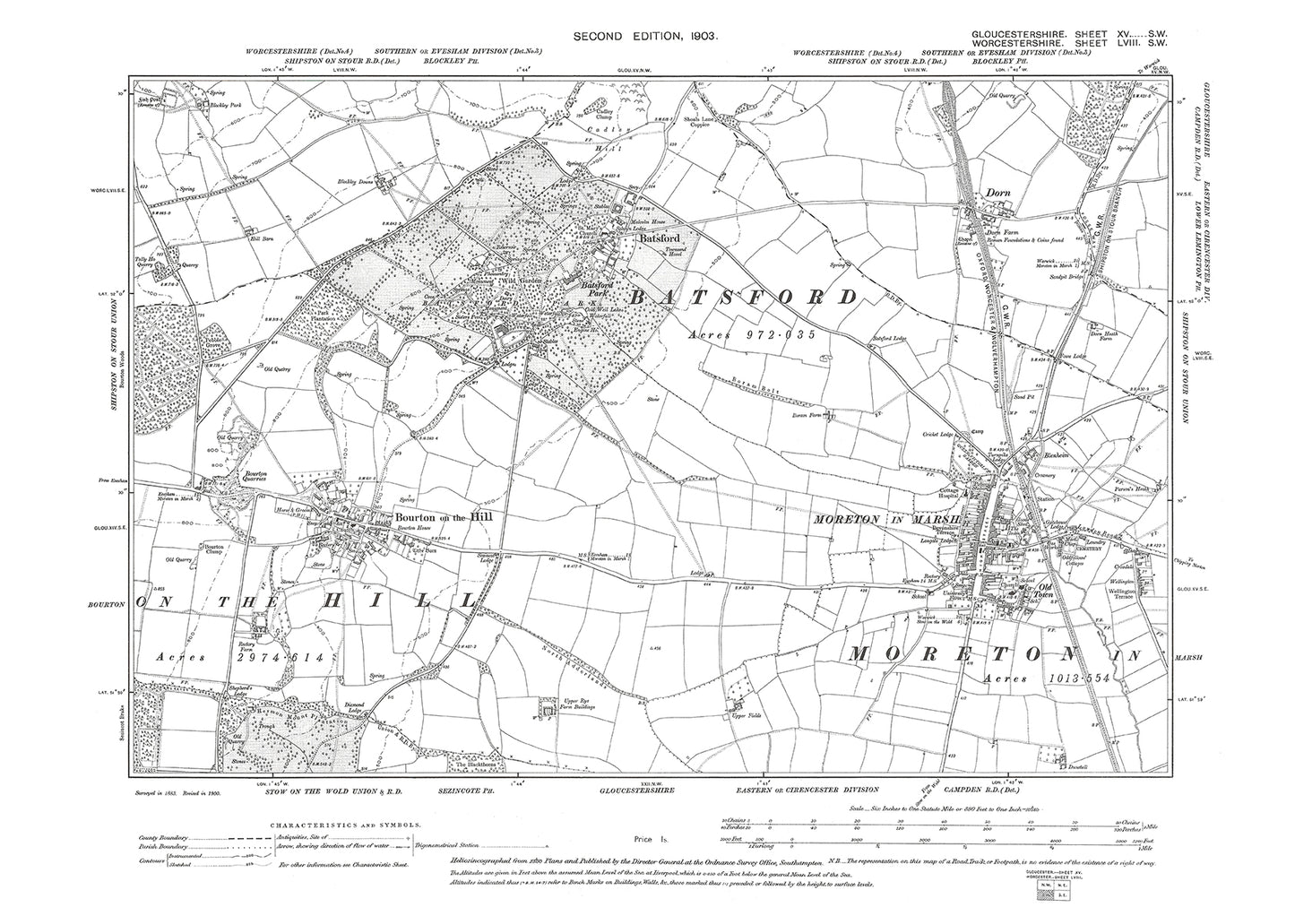 Old OS map dated 1903, showing Bourton on the Hill, Batsford, Moreton in Marsh in Gloucestershire - 15SW