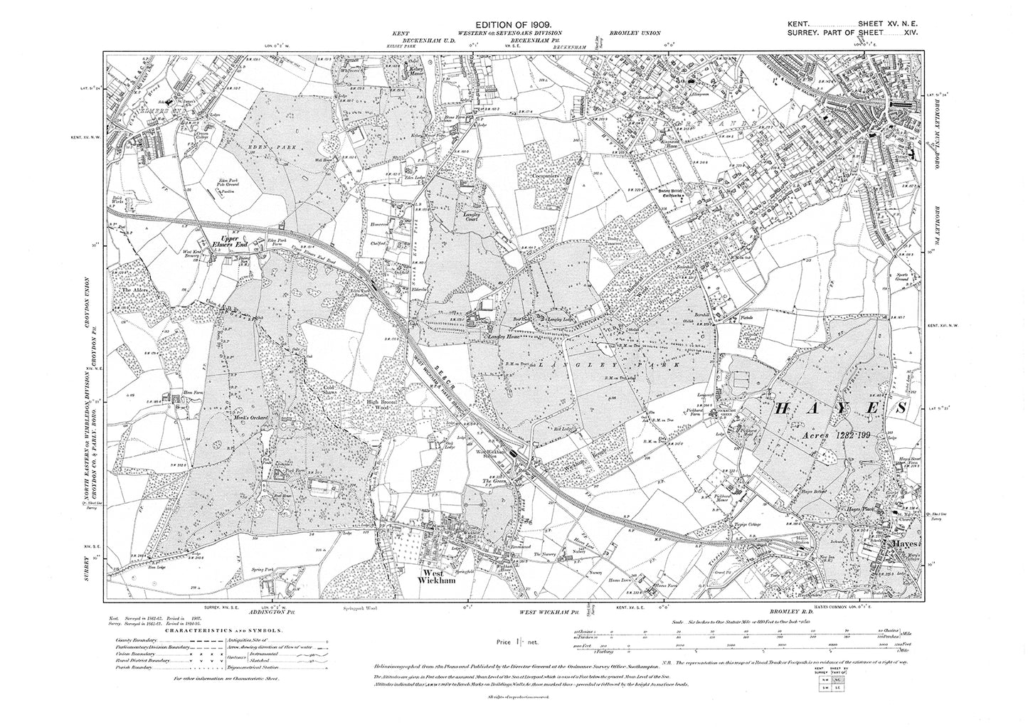 Bromley (southeast), Hayes, West Wickham, Beckenham, old map Kent 1909: 15NE