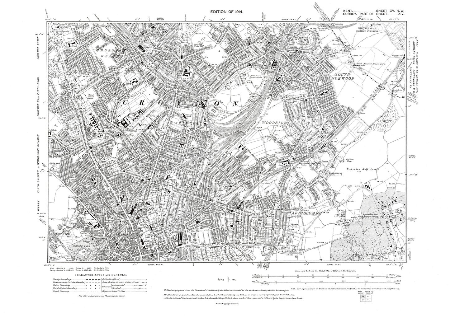 Croydon, old map Kent 1914: 15NW