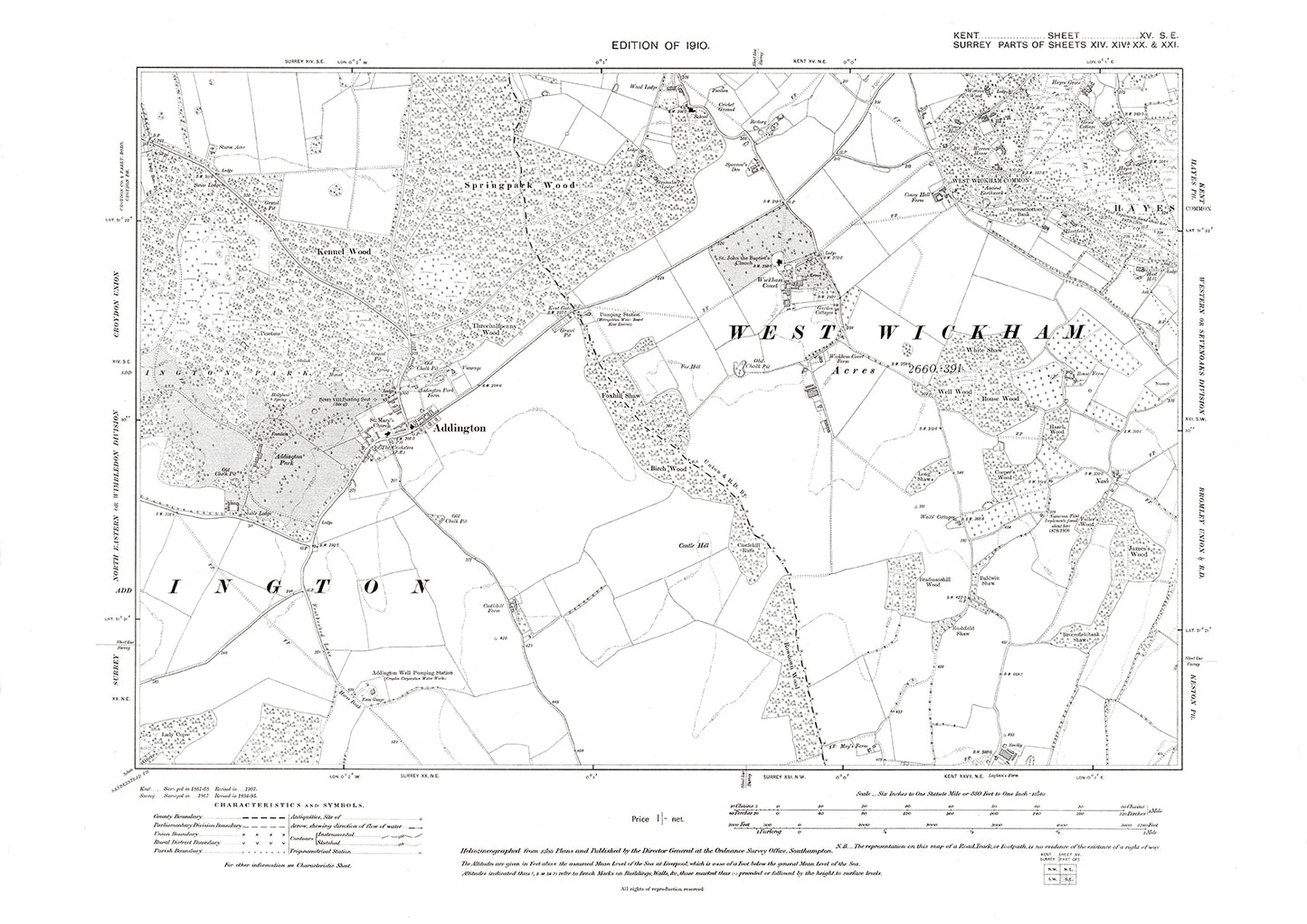 West Wickham, Addington, old map Kent 1909: 15SE