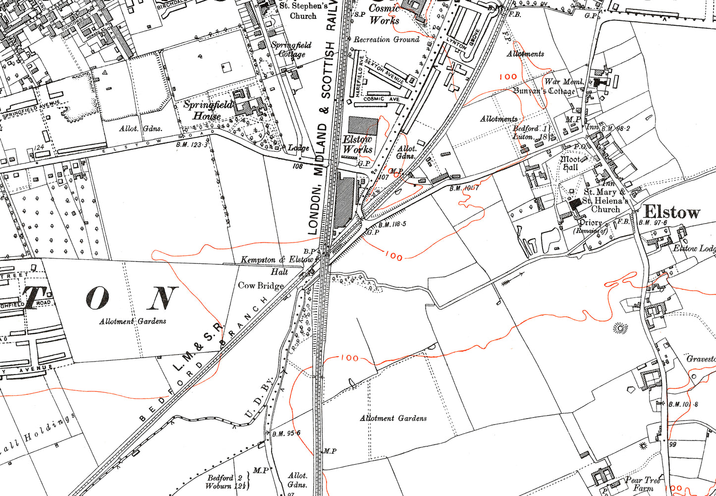 A 1938 map showing Bedford (south), Kempston and Elstow in Bedfordshir ...