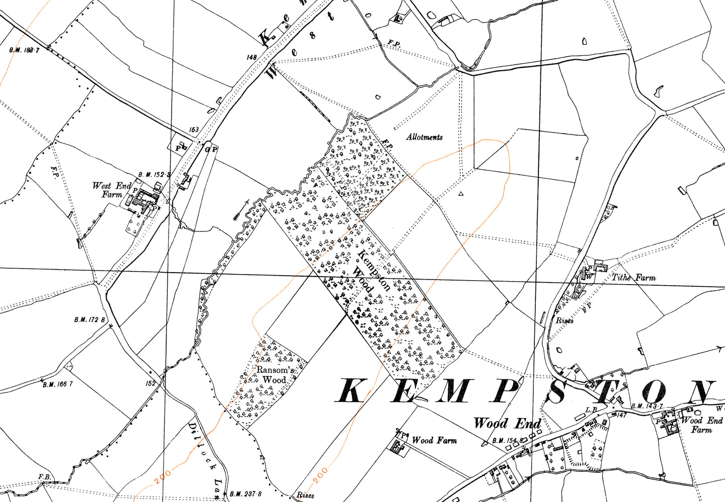 A 1938 map showing Wootton (north), Kempston (west) and Keeley in Bedfordshire - A Digital Download 0f OS 1:10560 scale map, Beds 16NW