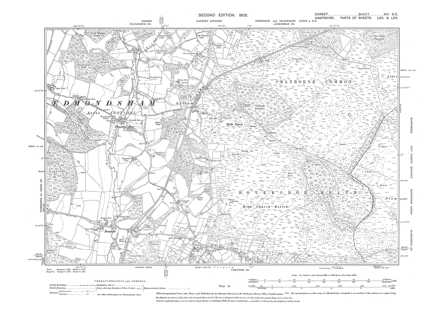 Old OS map dated 1902, showing Edmondsham (east), Verwood (north) in Dorset - 16SE