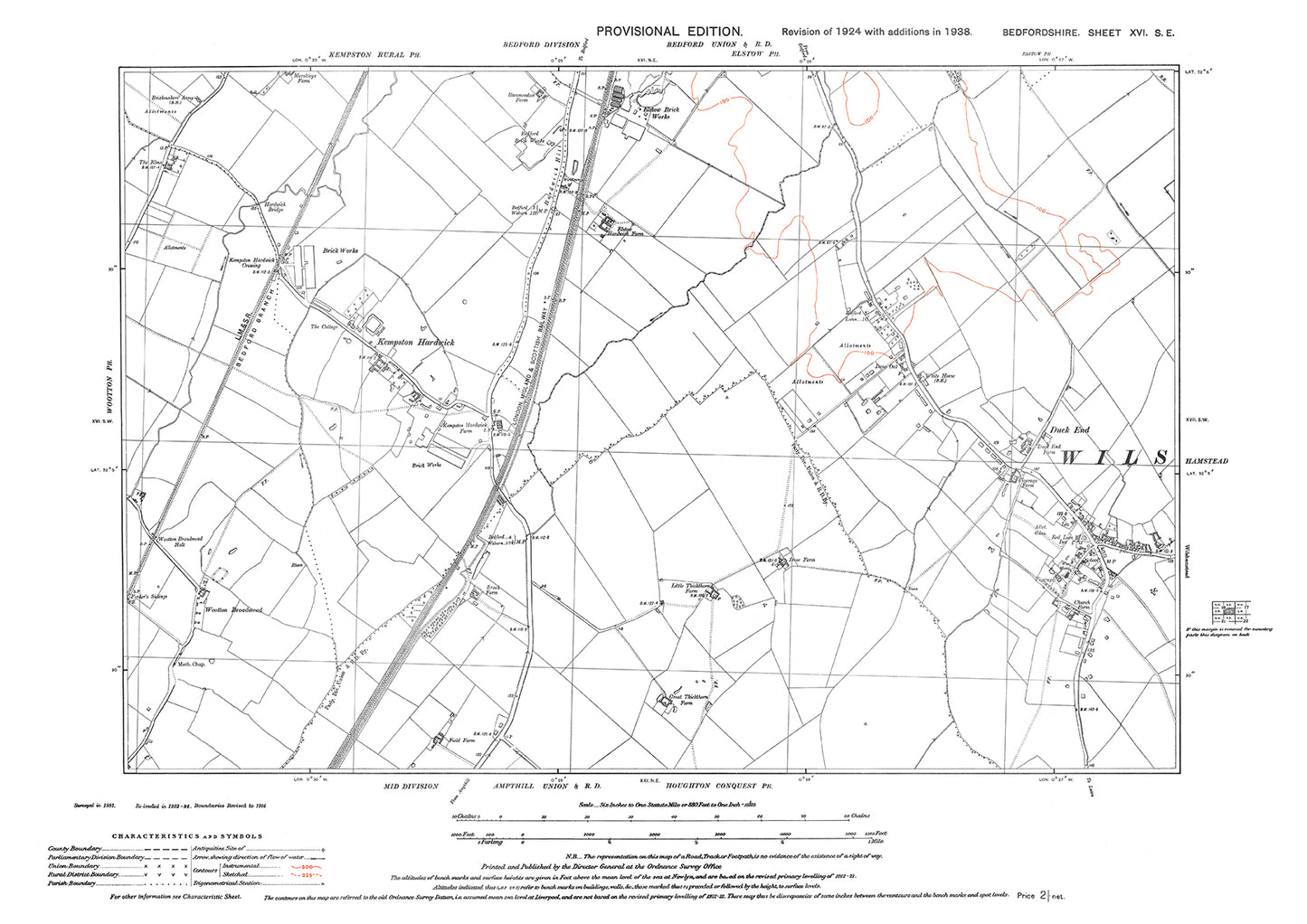 Wilshamstead (west), Kempston Hardwick, old map Bedfordshire 1938: 16SE