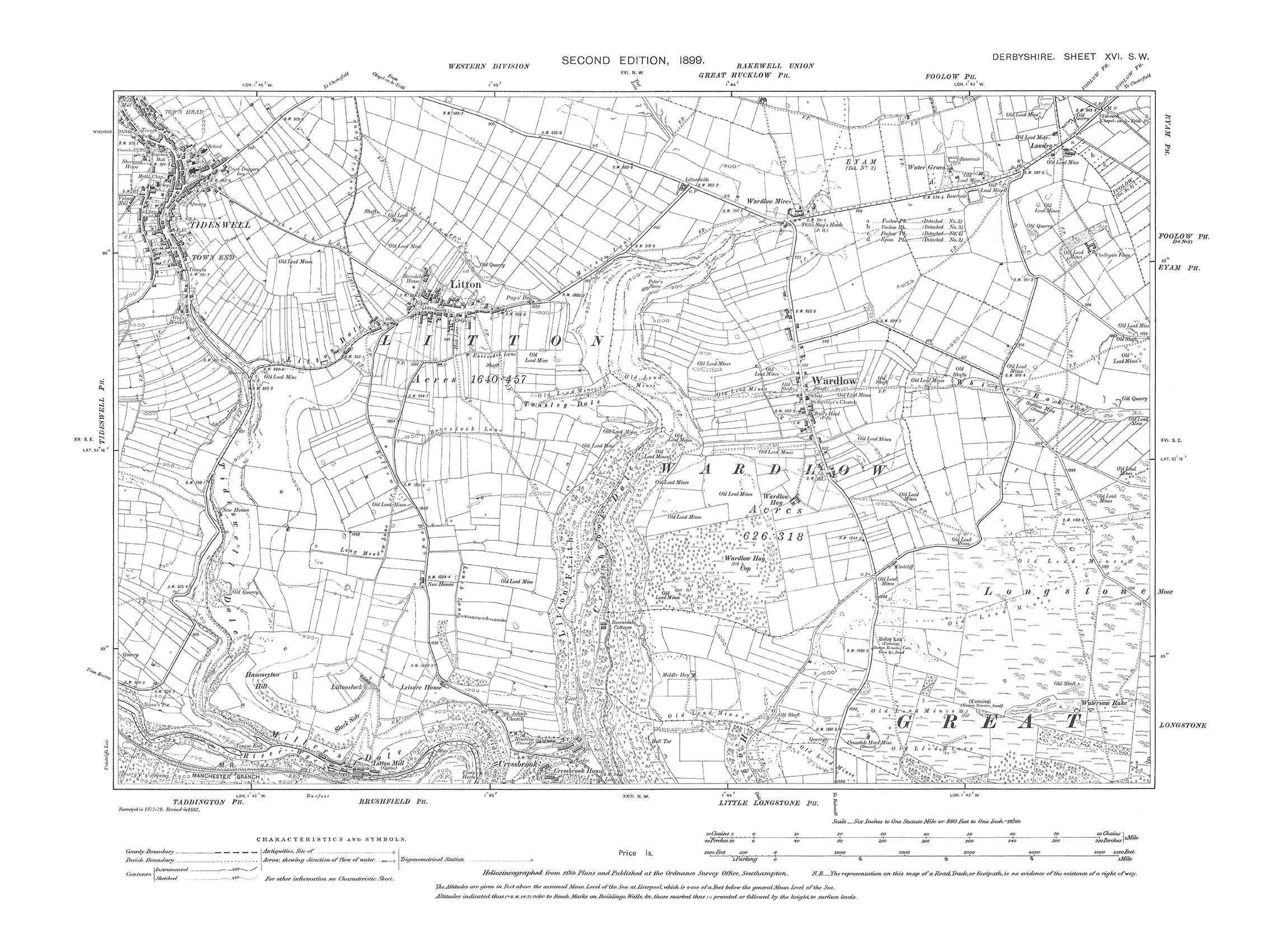 Old OS map dated 1899, showing Litton, Tideswell, Wardlow in Derbyshir ...
