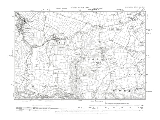 Old OS map dated 1899, showing Litton, Tideswell, Wardlow in Derbyshire 16SW