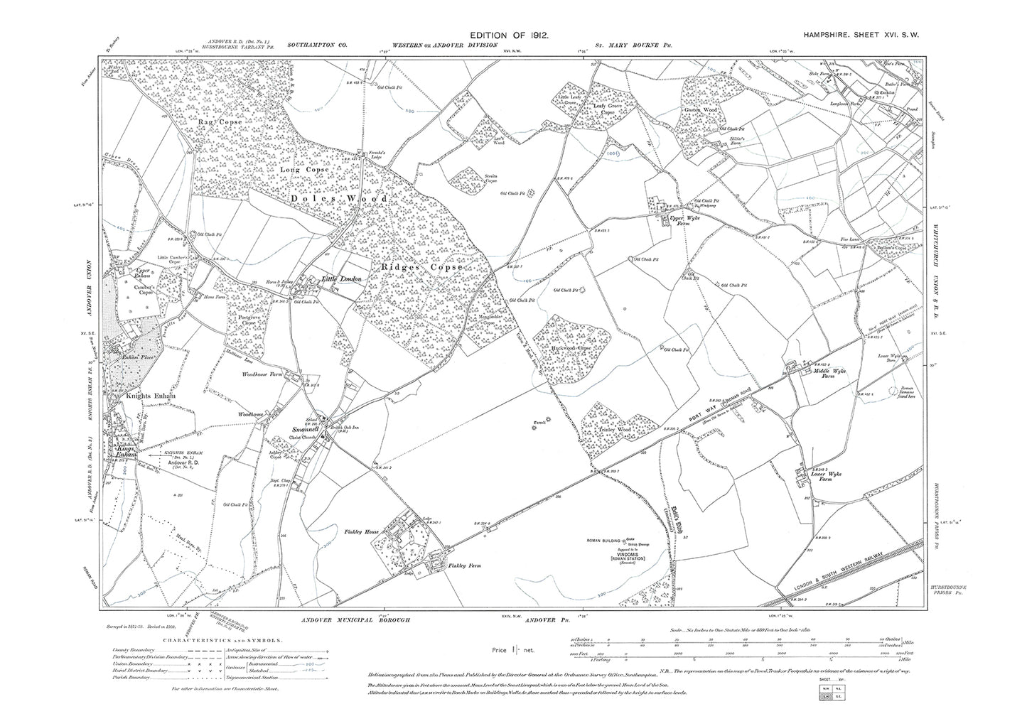 Old OS map dated 1912, showing Knights Enham in Hampshire - 16SW