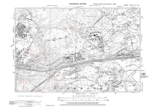 Frimley (east), Barracks - Blackdown, Deepcut (east), Pirbright, Bisley, old map Surrey 1938: 16SW