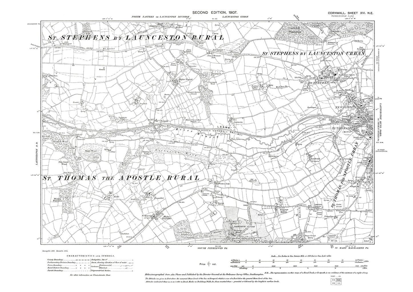 Launceston (west), old map Cornwall 1907: 16NE