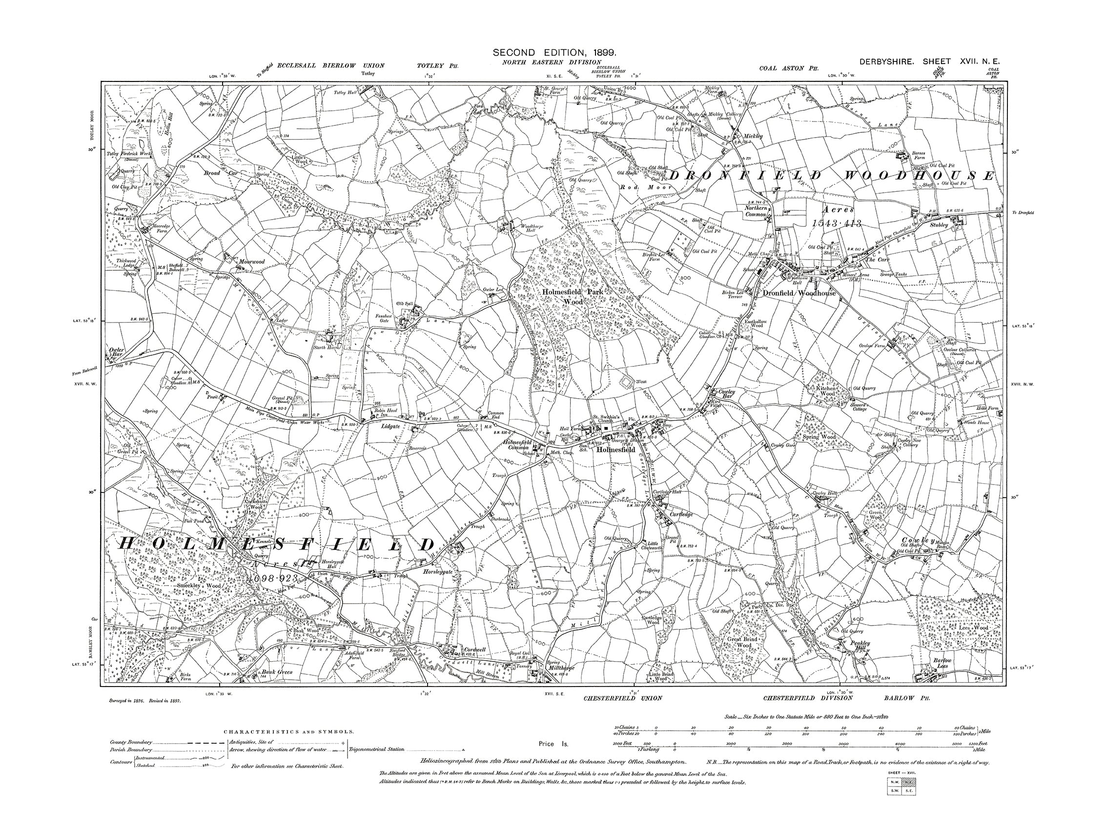 Old OS map dated 1899, showing Dronfield Woodhouse, Holmesfield in Der ...