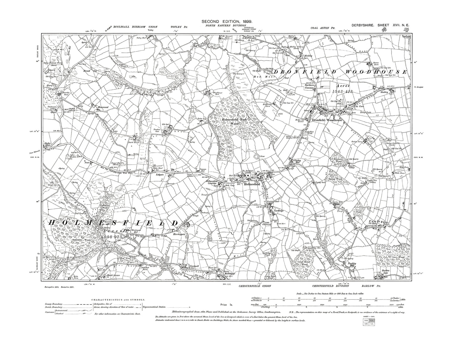 Old OS map dated 1899, showing Dronfield Woodhouse, Holmesfield in Derbyshire 17NE