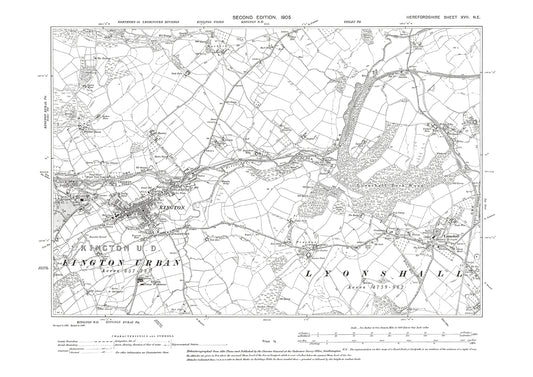 Old OS map dated 1905, showing Kington, Lyonshall in Herefordshire - 17NE