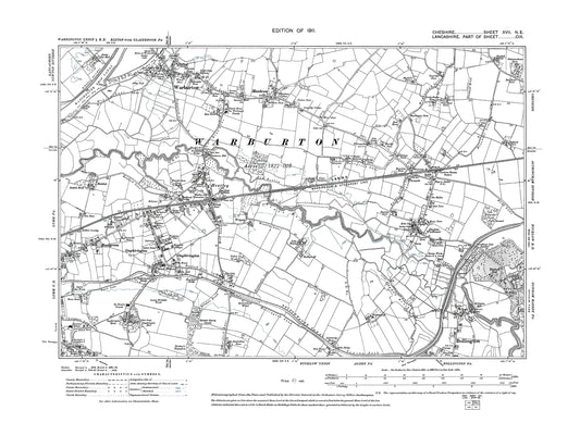 Old OS map dated 1911, showing Warburton, Heatley, Oughtrington in Cheshire 17NE