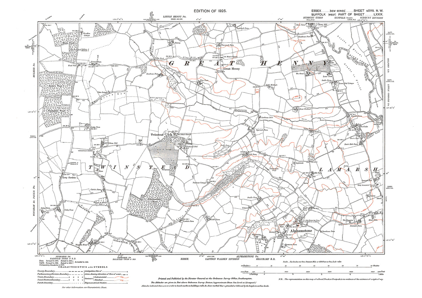 Old OS map dated 1925, showing Alphamstone, Great Henny and Twinstead in Essex - 17NW