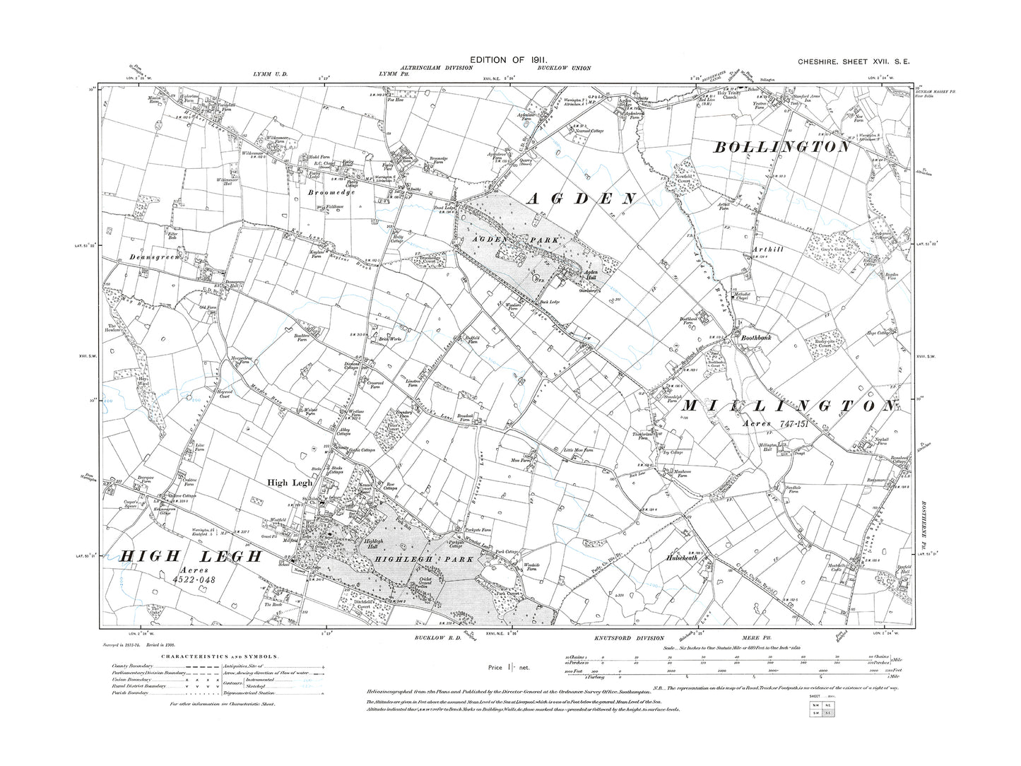 Old OS map dated 1911, showing Bollington (south), High Legh, Deansgreen, Broomedge in Cheshire 17SE
