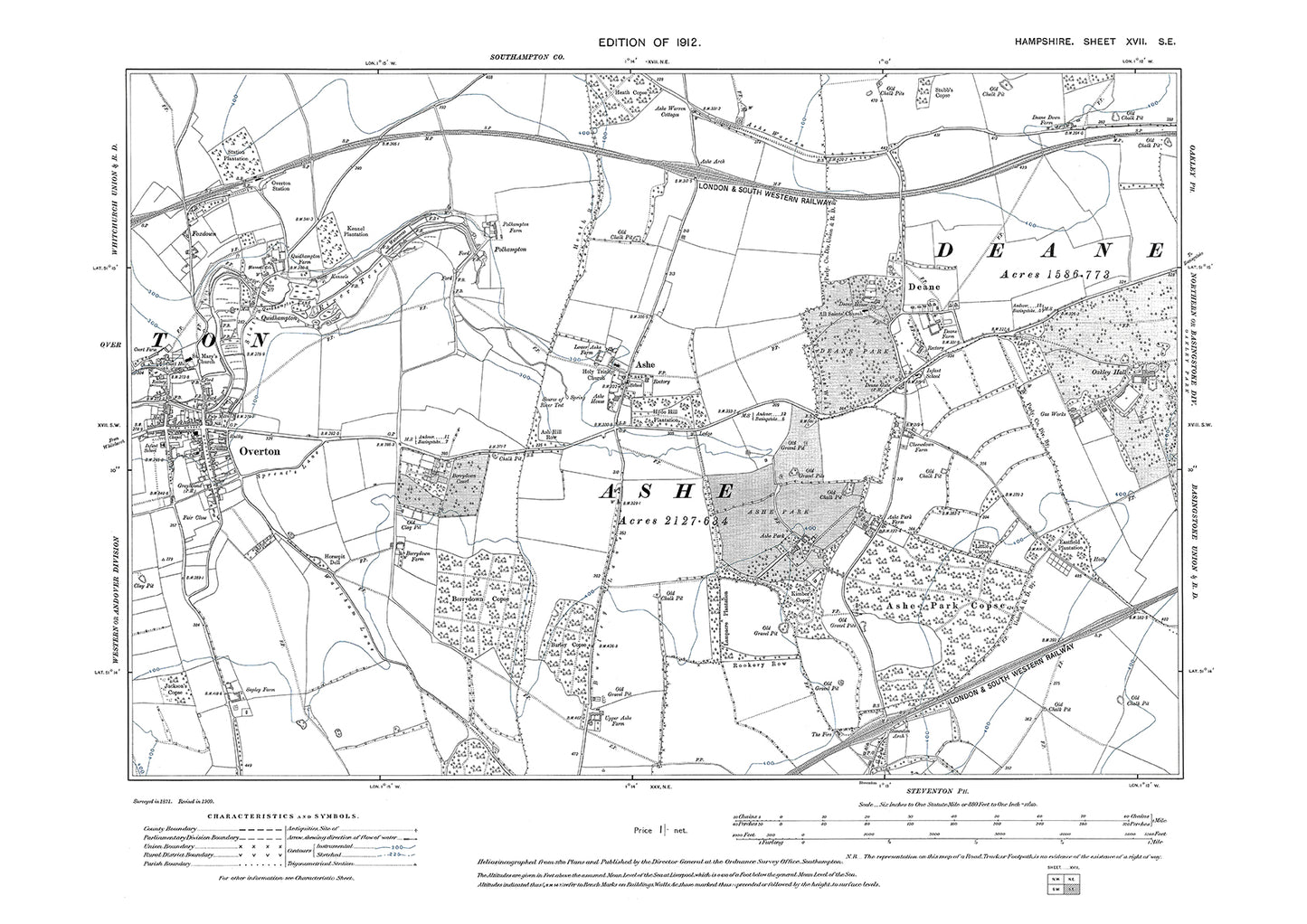 Old OS map dated 1912, showing Overton, Ashe, Dean in Hampshire - 17SE