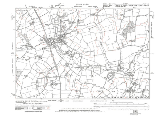 Old OS map dated 1925, showing Bures, Mount Bures and Wormingford in Essex - 17SE