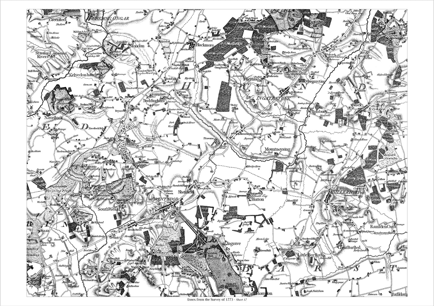 Brentwood, Ingrave, Billericay, Blackmore, old map Essex 1777